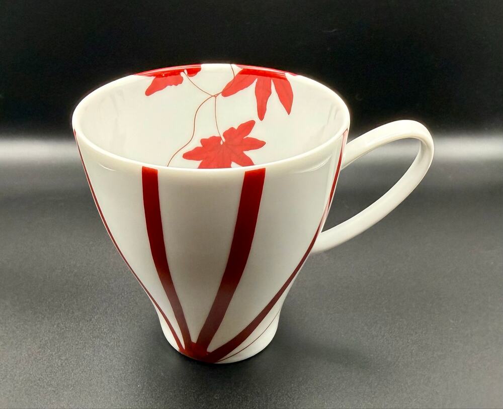 Mikasa Pure Red Coffee Mug 4" White Bone China Modernist Stripes Leaves NWOB